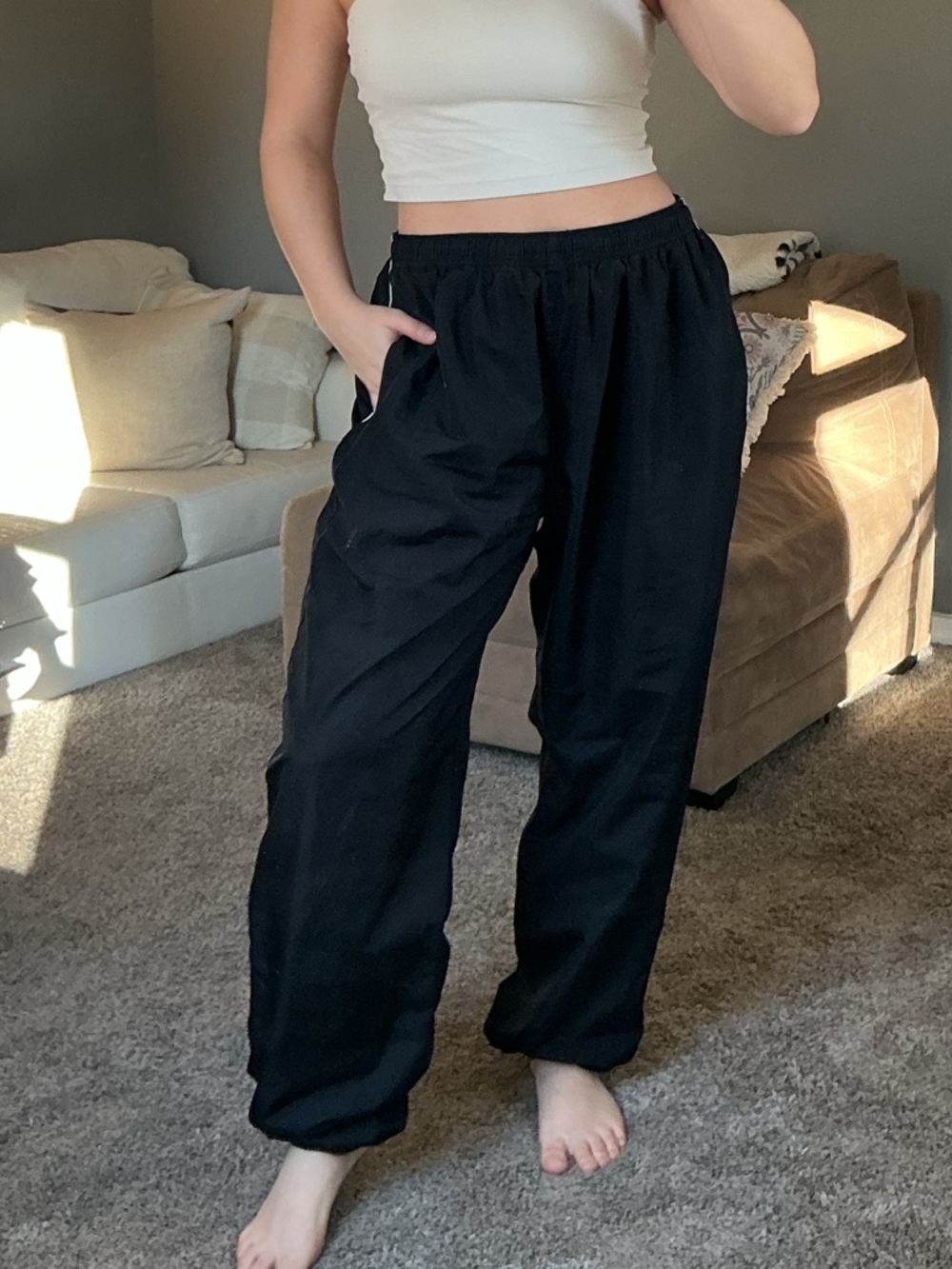 Y2K Roundtree & York Black Elastic Waist Jogger Track Pants w/ Mesh Lining